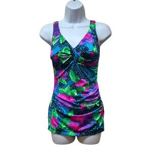 Vintage The Swimwear One Piece Swimsuit Faux Skirt Tropical 10 32 B/C Made USA